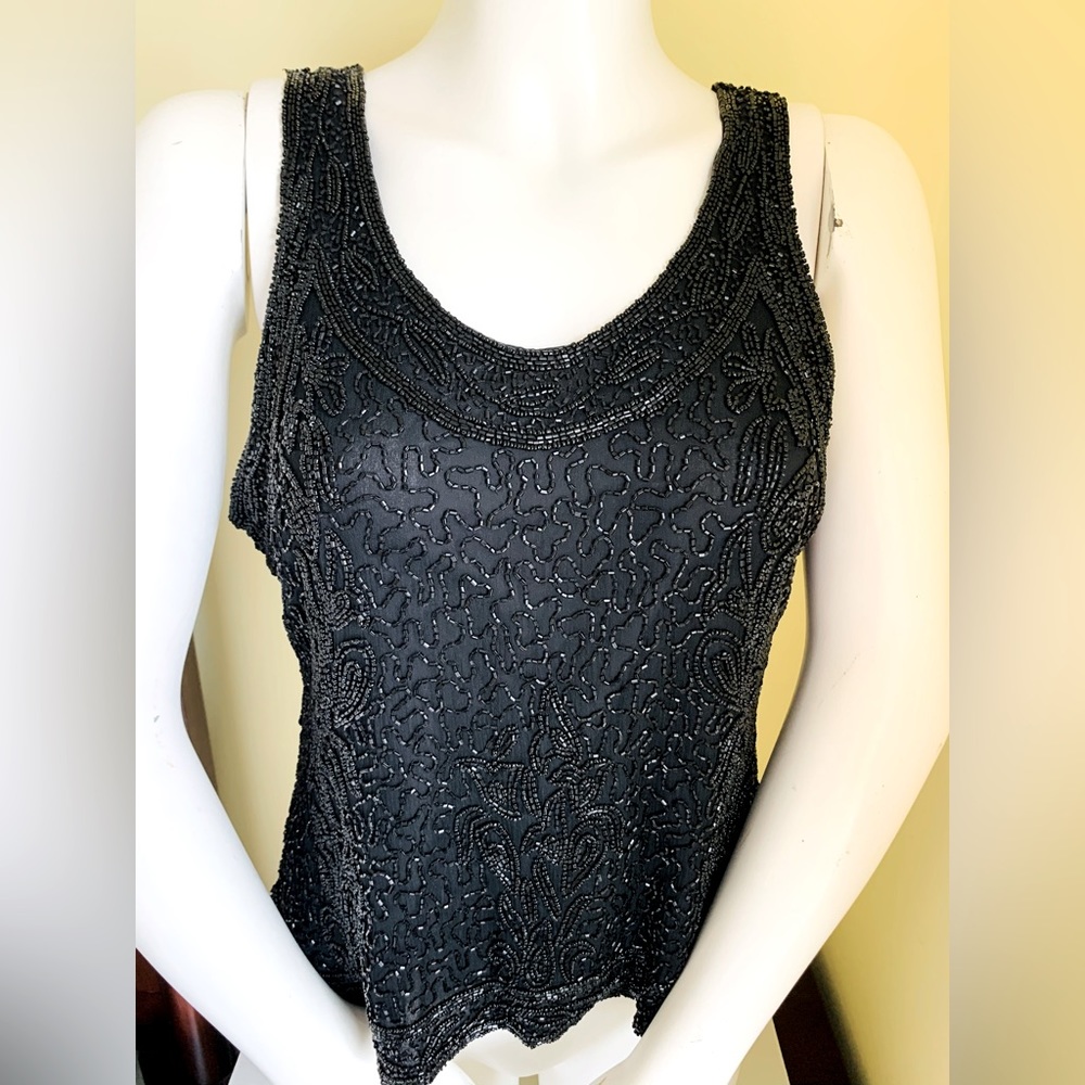 Vintage Black fully embelished shiny sparkling tank top fully zipped back L-XL